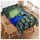 Swono Peacock Table Cloth Rectangle Tables Beautiful Bird Peacock Feathers Kitchen Table Cover Oblong 52'X70' Tablecloth for Dining Table Buffet Parties Patio and Camping, Green