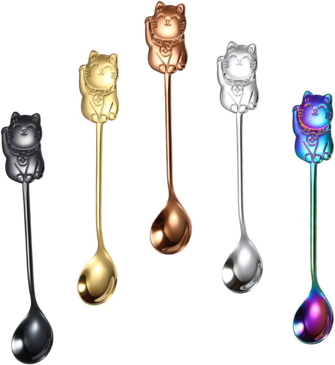 NUOBESTY 5Pcs Stainless Steel Coffee and Tea Spoons with Cute Fortune Cat Design Ergonomic Handles for Stirring Seasoning and Serving Household Flatware for Home and Restaurant Use