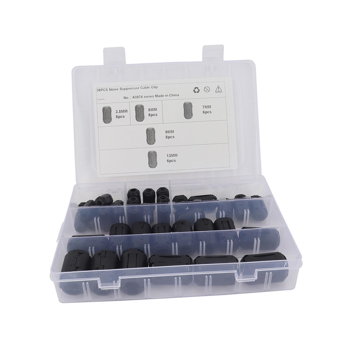 36 Pezzi Filtri Antirumore Clip in Plastica e Nucleo in Ferrite Rimovibile, Anelli di Cordone Antinterferenza per Cavi Dati, Accessori Elettronici per Installazione Audio Veicoli