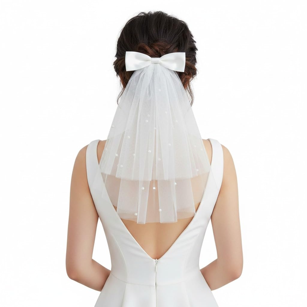 Qiansse White Bride To Be Veil, Elegant 16.5 Inch Short Wedding Veil With Bow & Pearls Bridal Comb Veil For Bridal Accessories Hen Party, Bachelorette Gift For Bride To Be