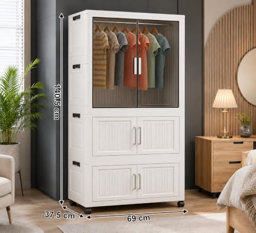 Image of YASONIC Plastic Wardrobe for Kids Clothes - Standing Desk Premium Comfort Foldable Wardrobes for Clothes, Cupboard for Storage Large for Men and Women (Off White, 3 Door)