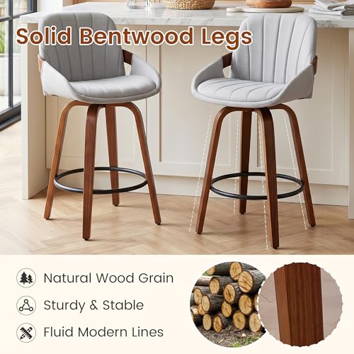 Butacos giratorios de bar de 26 pulgadas, juego de 6, color gris, asiento tapizado en tela de lino, patas de madera de nogal, estilo moderno para isla de cocina o barra miniatura 5