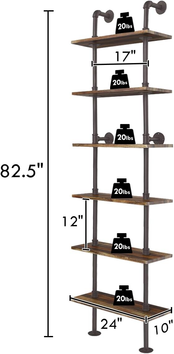 Weekly Top Sale Giantex 6-Tier Pipe Shelves, Easy to Install Industrial Wall Mounted Retro Rustic Wood Decor Farmhouse Ladder Bookshelf for Living Room, Apartment, Small Space