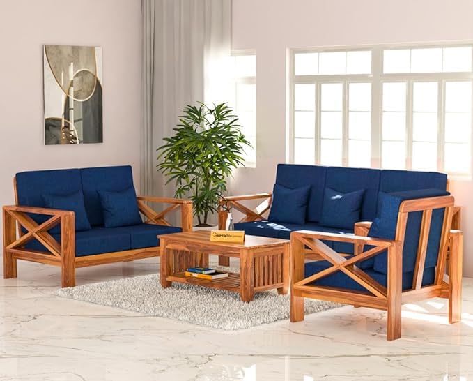 Image of Sheesham Wooden 6 Seater Sofa for Living Room | Rosewood 6 Seater Cushion Sofa X-Legs | Solid Wood Sofa Set for Lounge (3+2+1,Honey Finish)