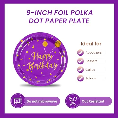 Platos de papel morados y dorados de 9 pulgadas para fiestas y postres, pack de 50 unidades 4