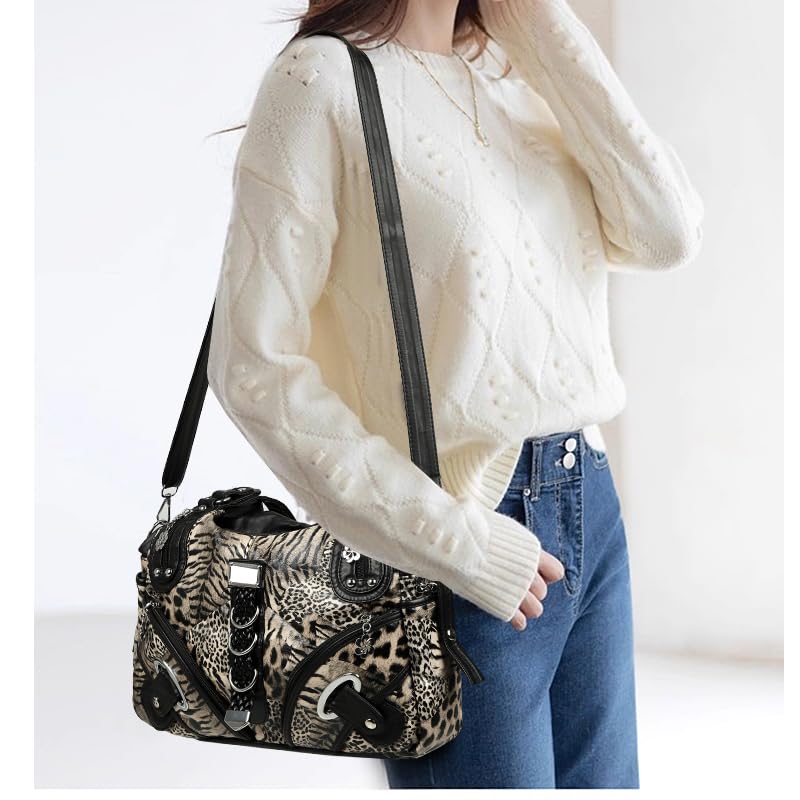 Bolso bandolera Y2K de piel sintética para mujer, diseño de leopardo, gran capacidad, elegante paquete de correas para moto, con tachuelas de lujo