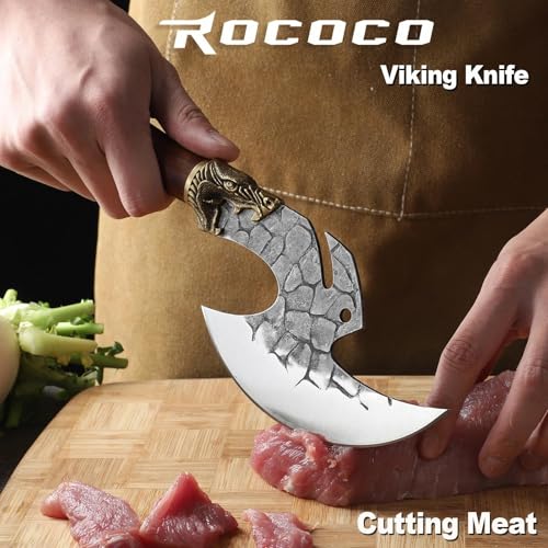 Image of ROCOCO Viking Cleaver Knife Birthday - Kitchen Axe & Sheath Father Gift Men | Hand Forged High Carbon Steel Butcher Meat Cutting Boning Knife for Home Outdoor BBQ Camping Chirstmas Mother