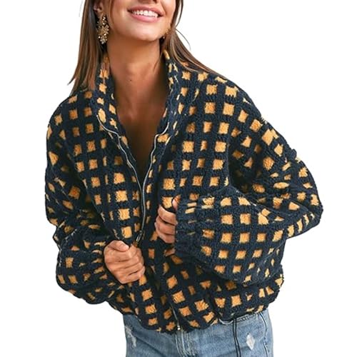 Women’s Knit Zip - Up Long Sleeve Sherpa Fleece Plaid Cropped Jacket Chunky Teddy Fleece Warm Winter Coats Outwear