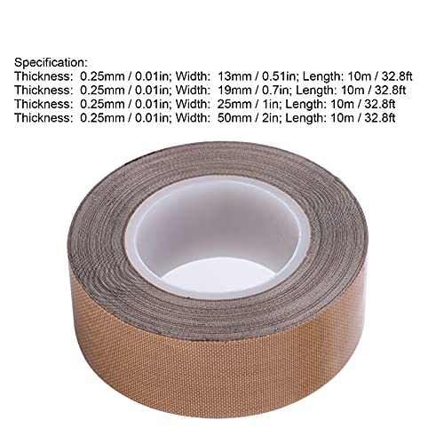PTFE Tape Roll, 300°C 4 Different Size for Vacuum Sealer Machine Hand Impulse Sealers Insulation Coated Fiberglass Adhesive Tape (Thickness 0.25*Width 19mm*Length 10m)