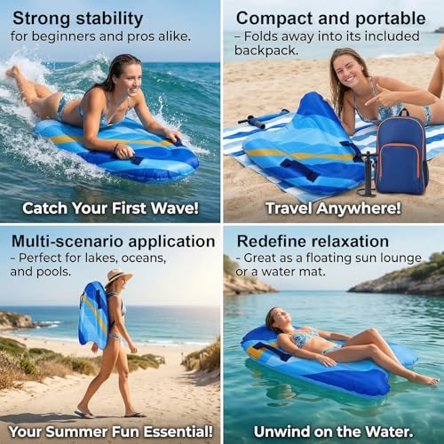RANJIMA Aufblasbares Bodyboard, Aufblasbares Schwimmbrett leichtes Tragbares Schwimmenbrett mit Griffen für Strandsurfen Pool Lernen Hilfsmatte Pool Schwimmen Sommer Wassersport