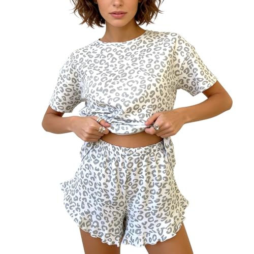 Image of DOINEUFL Womens Short Pyjamas Set, Leopard Print Top And Ruffle Shorts, Ladies Short Sets, Summer Pyjamas For Women Loungewear (UK, Alpha, M, Regular, Regular, Grey)
