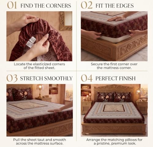 Image of VAS COLLECTIONS 240 TC Cotton King Size Fitted Bedsheet, Premium Soft Breathable Stretchable Mattress Sheet, Skin Friendly Durable Printed Bed Cover for Double Bed, 72 x 78 + 10 Inches - Deep Chestnut