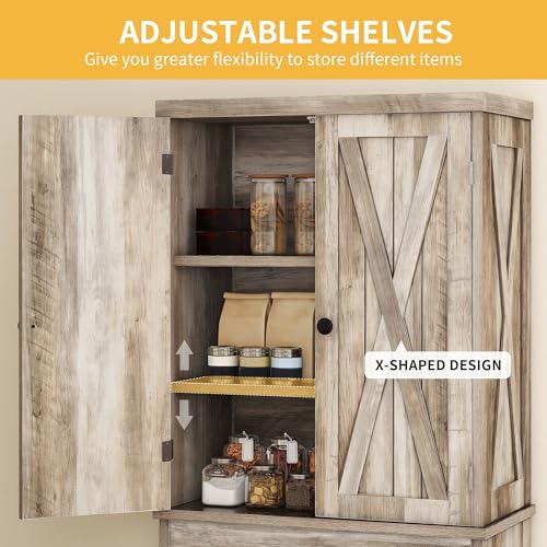 DWVO 72'' Farmhouse Kitchen Pantry, Rustic Wood Kitchen Storage Cabinets with Adjustable Shelves & Drawer, Tall Freestanding Cupboard for Dining Room, Living Room, Retro Gray