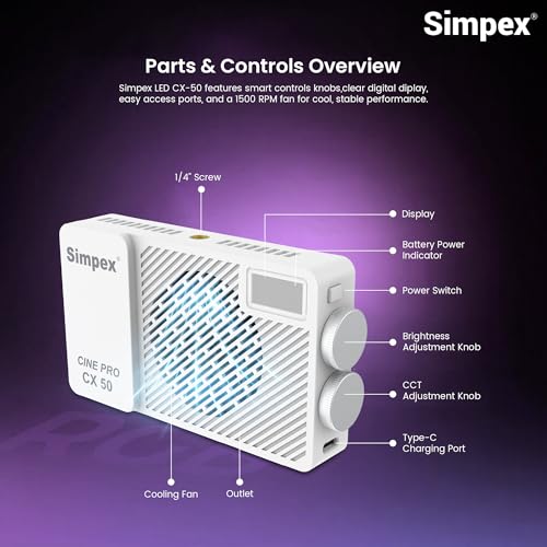 Image of Simpex CX 50R 50W RGB LED Video Light, 360 HUE, 2700K-7500K Bi-Color, 1-100% Dimmable, 13 FX Modes, 3200mAh Battery, OLED Display, Tripod & Diffuser