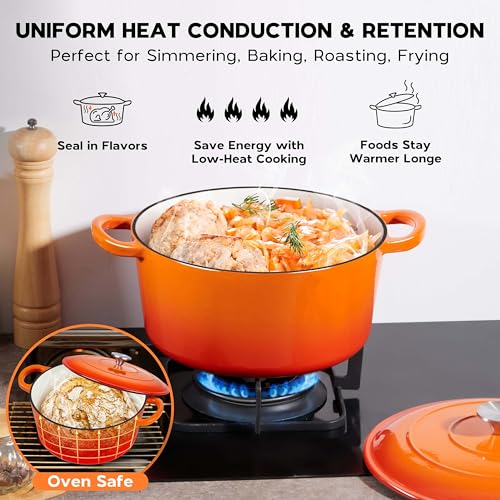 Onader 3QT Cast Iron Dutch Oven Pot with Lid, Round Dutch Oven for Sourdough Bread Baking, Small Enameled Heavy Duty Cookware - Orange