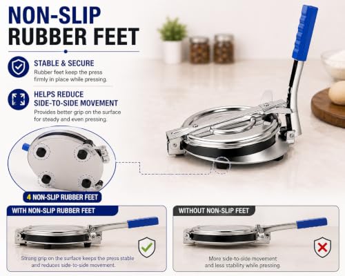 Image of 7.75 Inch / 19.7 CM Stainless Steel Roti & Puri Press | Manual Chapati & Tortilla Maker with Ergonomic Blue Handle | Non-Slip Rubber Feet | Heavy-Duty Kitchen Press for Easy & Even Dough Flattening
