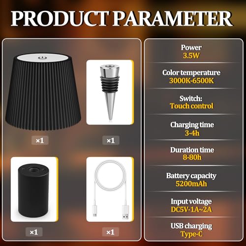 2 Stück Flaschenlampe Aufsatz LED Aufladbar, 3 Einstellbare Farbtemperaturmodi, Touch Flaschen-Lampe, Schutzart IP54, Kabelloses USB Aufladbar Tischlampen, für Schlafzimmer, Garten, Bar (Schwarz)