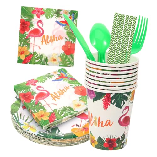 BinZyronic フラミンゴ柄 ハワイアンパーティー用紙食器セット ? 使い捨て設計で簡単後片付け トロピカルイベントに最適