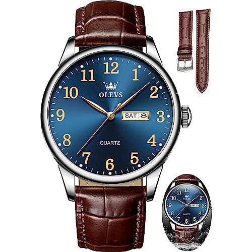 OLEVS Watch Men Mens Watches Watches for Men Leather Band Classic Brown Leather Watch Men, Analog Watch Men, Black Mens Leather Watch, Dress Waterproof Large Face Mens Watch,Relojes para Hombres Watch