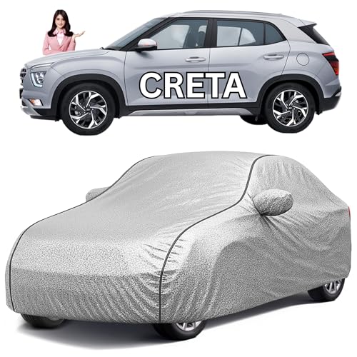 Image of Car Cover for Hyundai Creta All Model & Years (2015-2025) 100% Waterproof with Mirror Pockets, Triple Stitched Bottom Elastic Dustproof Full Body Protection (Heat & UV Resistant- Silver