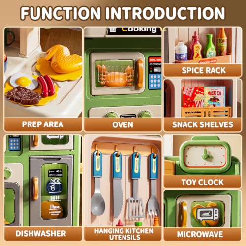 Image of Kids Kitchen Playset, 31.5 inch 73PCS Play Kitchen for Toddlers 1-3, with Steam, Sound & Light, Cooking Stove, Play Sink, Oven, Play Food and Toy Kitchen Accessories, Pretend Play Toys for Girls Gift