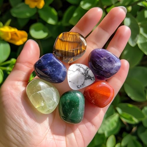 Premium 7 Chakra Stone Set with Burlap Bag, 0.8 Inches Large Size Polished Crystals - Handpicked Natural Tumbled Gemstones for Healing, Reiki, Meditation, and Chakra Balancing