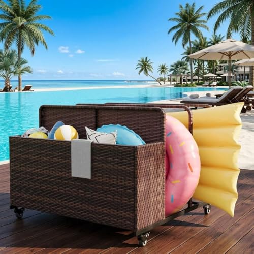 Pool Float Storage Organizer with Rolling Wheels Outdoor Wicker Rattan Pool Caddy & Toy Storage Basket All-Weather PE Rattan Holder for Pool Noodles Life Vests Beach Balls Equipment Patio Deck
