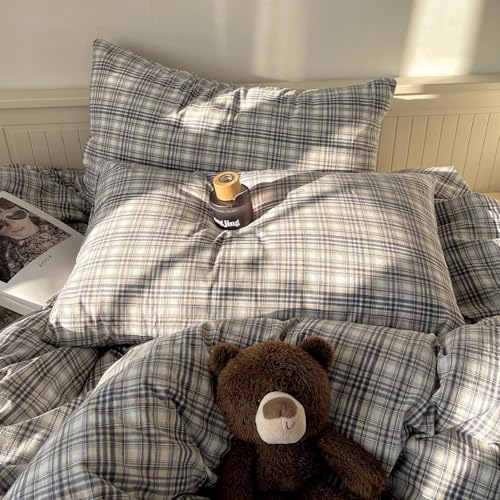 Image of MKXI King Modern Plaid Duvet Cover Set 3 Piece - Deep Navy Washed Cotton Bedding, Modern Farmhouse Check Design, Breathable & Vintage Linen Like Bedding Set with Zipper Closure