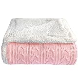 NEWCOSPLAY Cable Knit Sherpa Throw Reversible Warm Cozy Sweater Blanket for Bed Couch All Season Use (Pink, Throw)