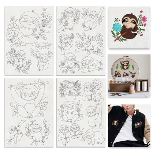 BENECREAT 4Sheets 18Pcs Water Soluble Embroidery, 11.7x8.3inch Sloth Sleepy Bear Pattern Transfers Water Soluble Stabilizer for Stitch Embroidery Designs
