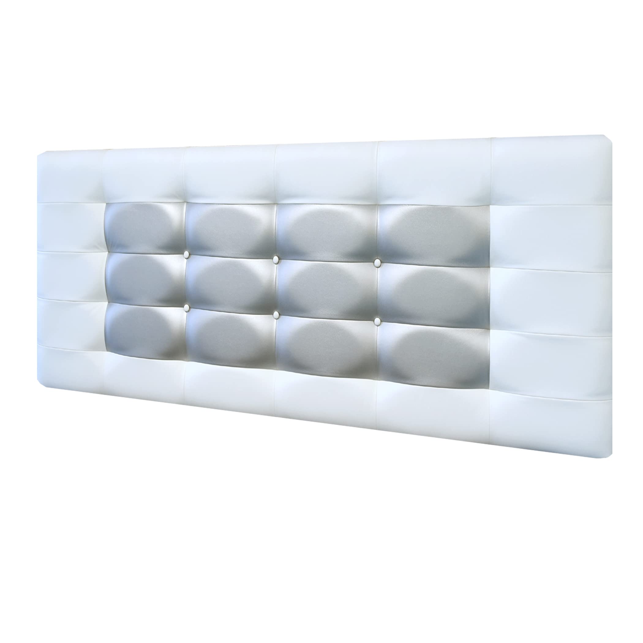 Cabecero de Cama Blanco Plata 70 cm.de Alto-Mod. FLORIDA con Forma de Marco y Botones-Cabecero Tapizado en Polipiel para Niños, Juvenil, Matrimonio-Cabezal de Colgar. (150x70, Blanco-Plata)