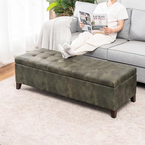 Image of Ottoman with Storage, 51 Inch End of Bed Storage Ottoman Bench, Faux Leather Upholstered Ottomans with Hinged Lid, Rectangle Long Foot Rest Bench for Living Room Bedroom Dark Green