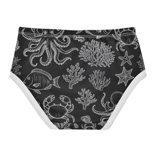 White Line Fish Crab Black Underwear for Girls, Toddler Girl Panties, Cotton Underwear for Girls, 2–8 Years2