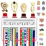 BELLE VOUS White Medal Hanger with Trophy Shelf - Wall-Mounted Medal Holder Display Rack - Never Give Up Shelf for Sport/Race Medals, Awards & Ribbons