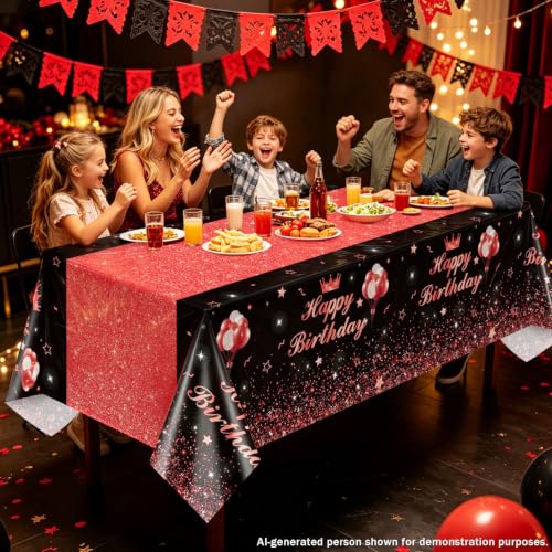 Image of 4 Pcs Happy Birthday Black and Red Party Tablecloths - Red Black Party Decorations Plastic Tablecloth Rectangular Table Covers for Boy Girl Baby Shower Birthday Table Supplies, 51 x 86.6 Inch