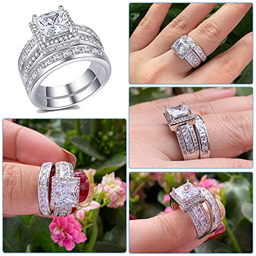 CEJUG 3Ct Princess Wedding Rings for Women Engagement Ring Set Bands 18k White Gold Plated Halo Cz Size 6-104