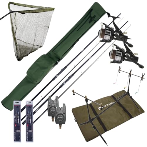 Ultimate Ensemble Complet Carpe avec Cannes, moulinets débrayables, Rod pod, détecteurs de Touche et Ensemble de Bas de Ligne | Ensemble Carpe