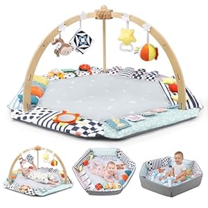 Baby Play Gym Activity Mat, 6 Developmental Zones Wooden Tummy Time Mat with 7 Detachable Sensory Toys for Motor Skill & Sensory Development, Baby Toys Gift for Toddler Infant 0-6-12-18 Month