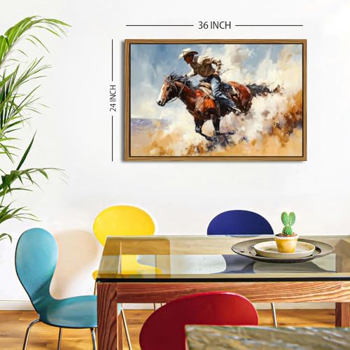 Image of Western Wall Art Retro Cowboy Framed Wall Art Cowboy Riding Horse Canvas Prints Vintage Farmhouse Western Rodeo Wall Decor for Living Room Bedroom Office Rustic Country Artwork Home Decorations 24x36