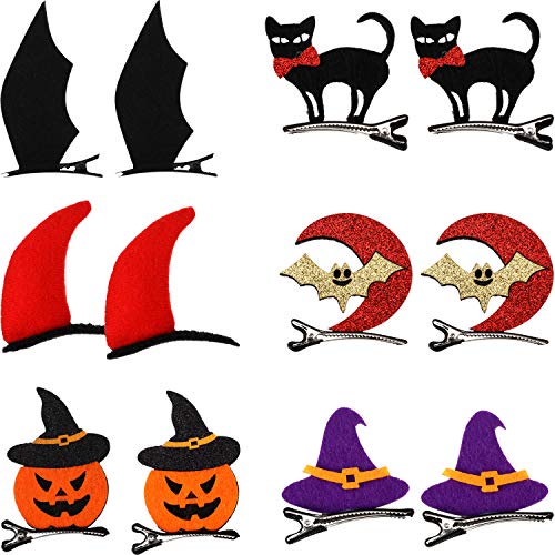 12 Pieces Halloween Hair Clips Bat Horn Pumpkin Hairpin Hair Accessories for Halloween Costume Party Supplies