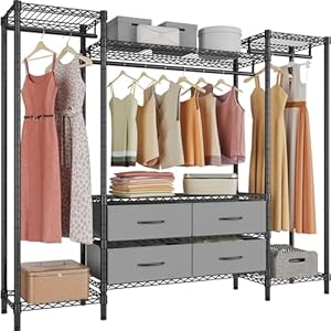 VIPEK V20 Wire Garment Rack Heavy Duty Clothes Rack Metal Clothing Rack with 6 Shelves 3 Hang Rods 4 Fabric Drawers Compact Freestanding Closet Wardrobe 567 L x 146 W x 709 H Black