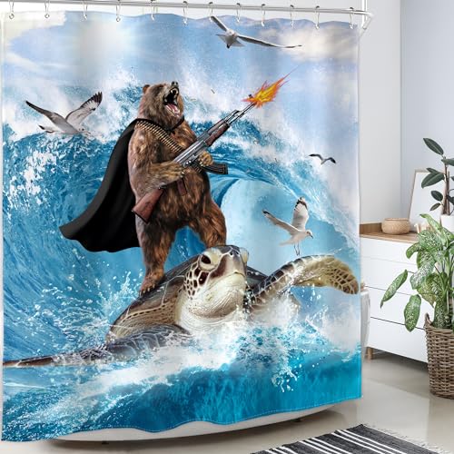 Image of Funny Bear Surfing Shower Curtain Ocean Waves 60Wx72H Inch Decor | Hilarious Bear Riding Sea Turtle Nautical Blue Marine Novelty Print Waterproof Polyester Fabric Bathroom 12 Hooks
