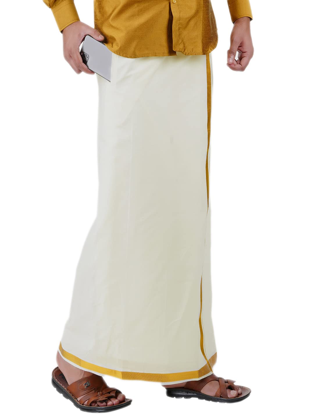 Prakasam Cotton Mens Ss Gold Jari Border Flexi Size Welcro Pocket Dhoti (Medium, Off-White)