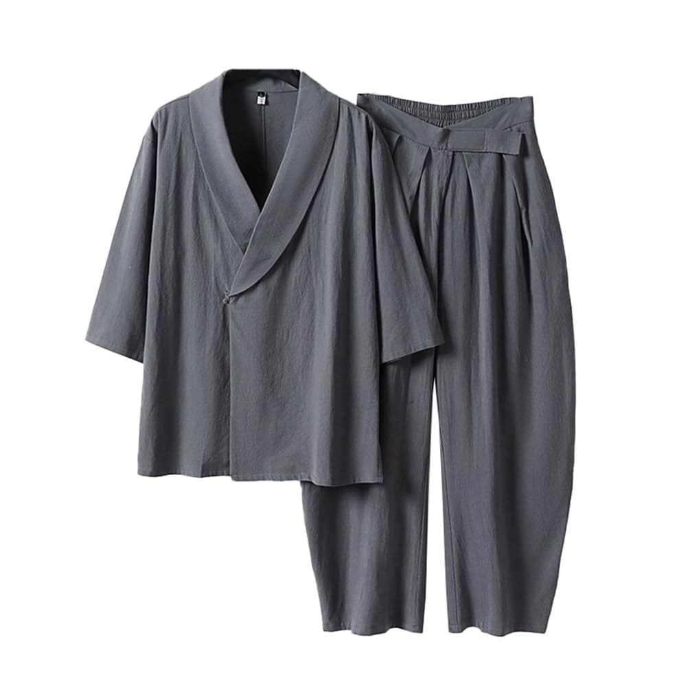 TIANQIHAO Japanese Style Two-Piece Suit Cotton Bathrobe Pajamas Summer Plus Size Kimono Bathrobes Chinese Style Sleepwear,Gray-Medium