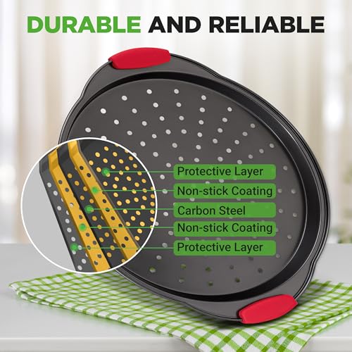 Image of NutriChef Pizza Tray Nonstick Pizza Baking Pan with Perforated Holes, 13-Inch - Round Carbon Steel Premium Bakeware Pizza Screen with Silicone Grip Handles, Dishwasher Safe - Grey