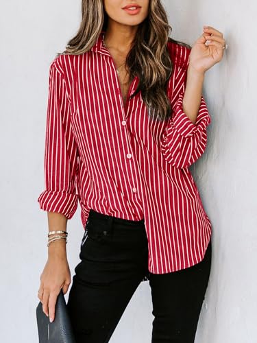 Image of siliteelon Striped Button Down Shirts Women Cotton Long Sleeve Work Blouses