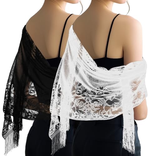 2pcs Black and White Lace Shawl Evening Dresses Shawls Sheer Scarfs with Tassels for Women Wedding Formal Party