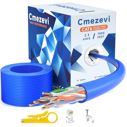 Cmezevi CAT6 Ethernet Cable Bulk 1000FT 23AWG 550MHz Solid CCA UTP Internet Network LAN Wire High-Speed CAT-6 Cord with RJ45 Connector Accessories Pull Box for Gaming Computers - 1000 FT Blue