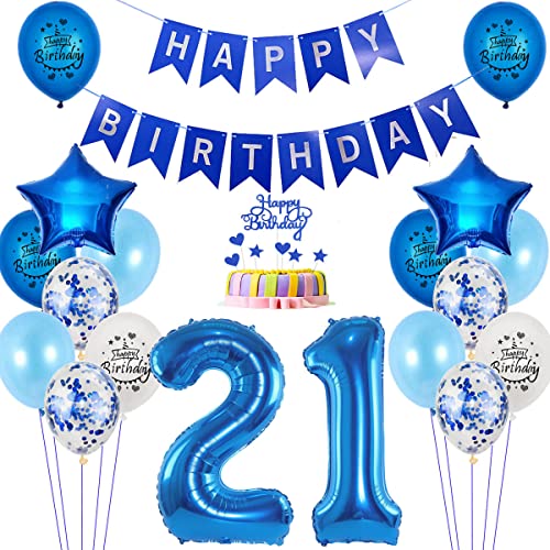 Balões 21 aniversário decoração de homem azul - conjunto de Foil e Happy Birthday - Deco para 21 anos