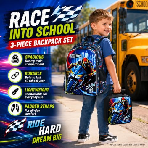 Image of 16 inch Cars Backpack for Boys, 3Pcs Kids Bookbag with Lunch Box, Motorcycle School Backpacks Set for Elementary Preschool Kindergarten(Black)